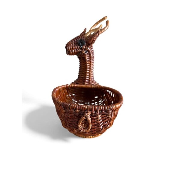 Wicker Deer Basket Bowl Decorative Woven Rattan Animal Figurine Home Decor - Picture 3 of 7